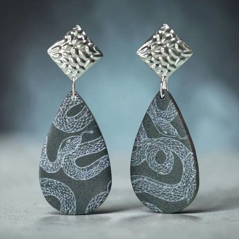 Polymer Clay Lg Dangle Earrings Black Silver Snake Animal Print Handmade SS Post